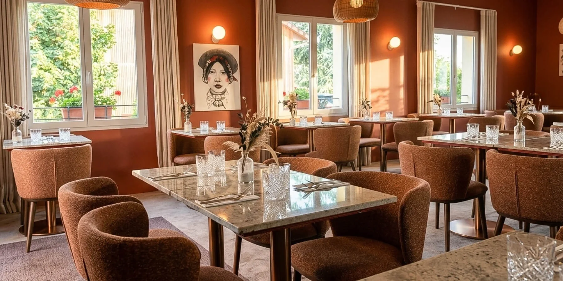 Salle du restaurant BistrÔ de l’hôtel Ô Rouge à Gevrey-Chambertin, aux tons terracotta